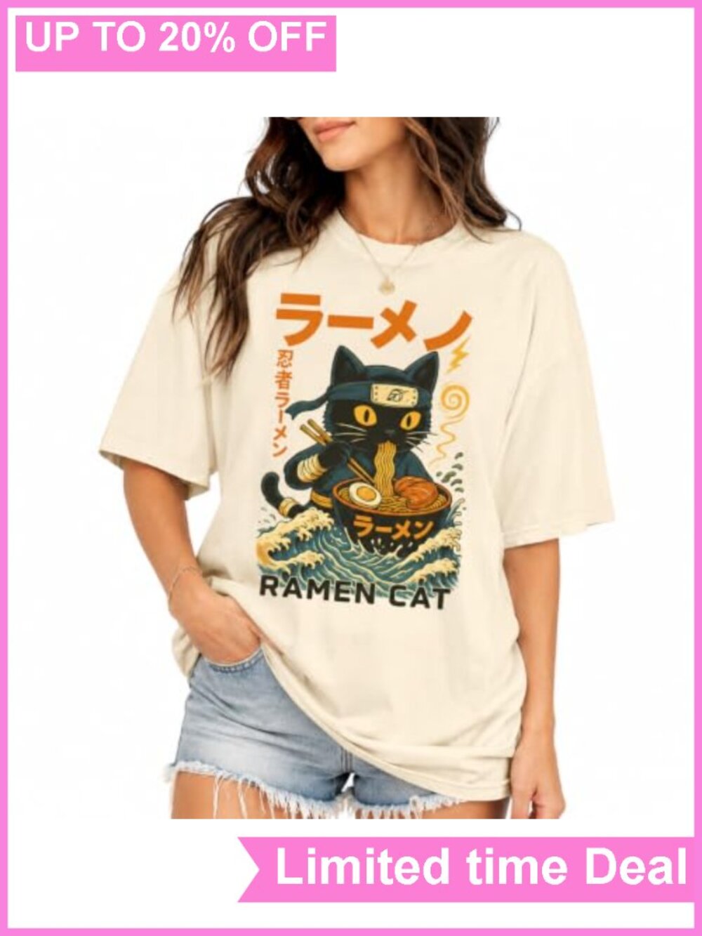 Ramen Cat Anime Japanese Cotton Graphic Tee Crew Neck Short Sleeve